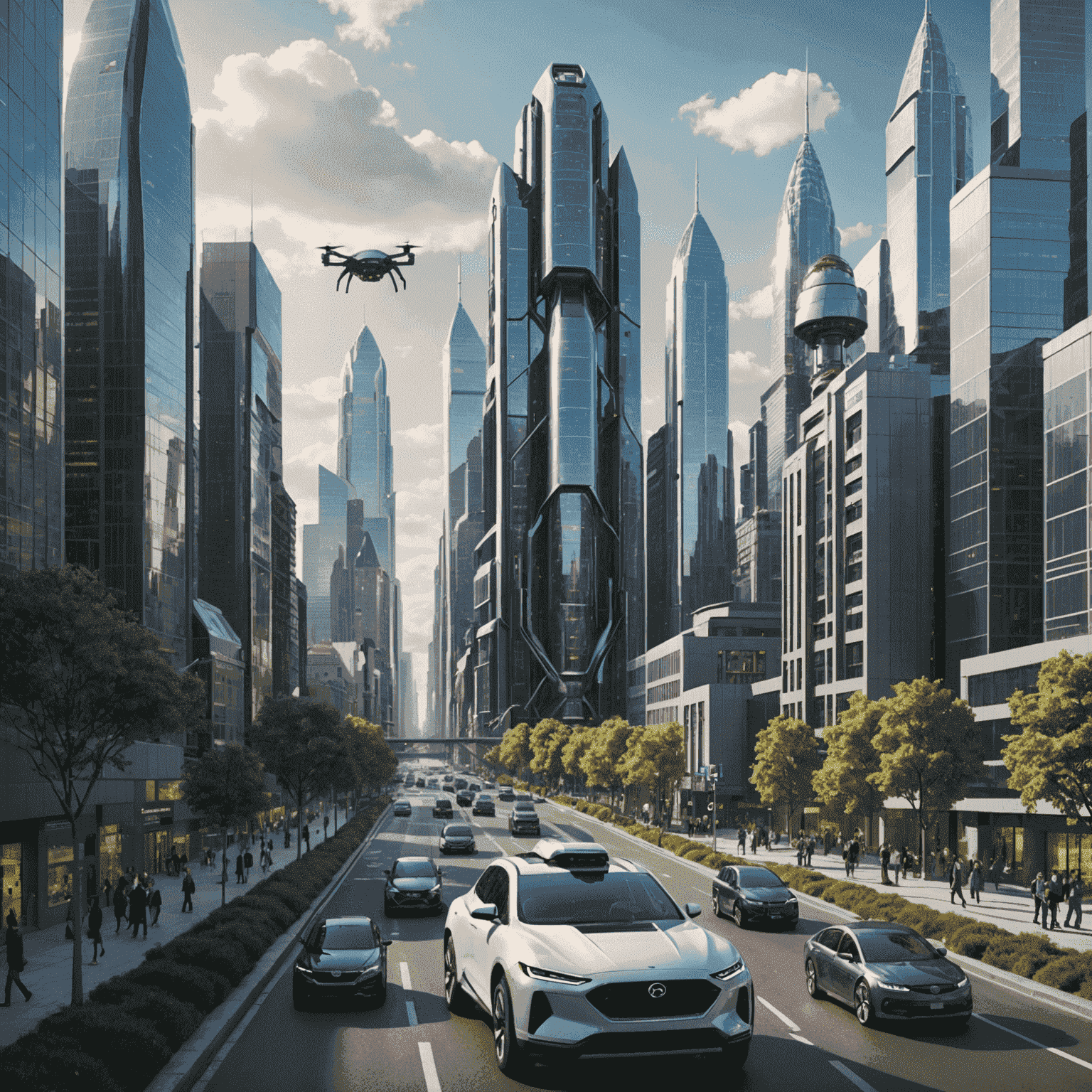 An image depicting the potential advancements in artificial intelligence, such as a futuristic cityscape with AI-powered robots and autonomous vehicles