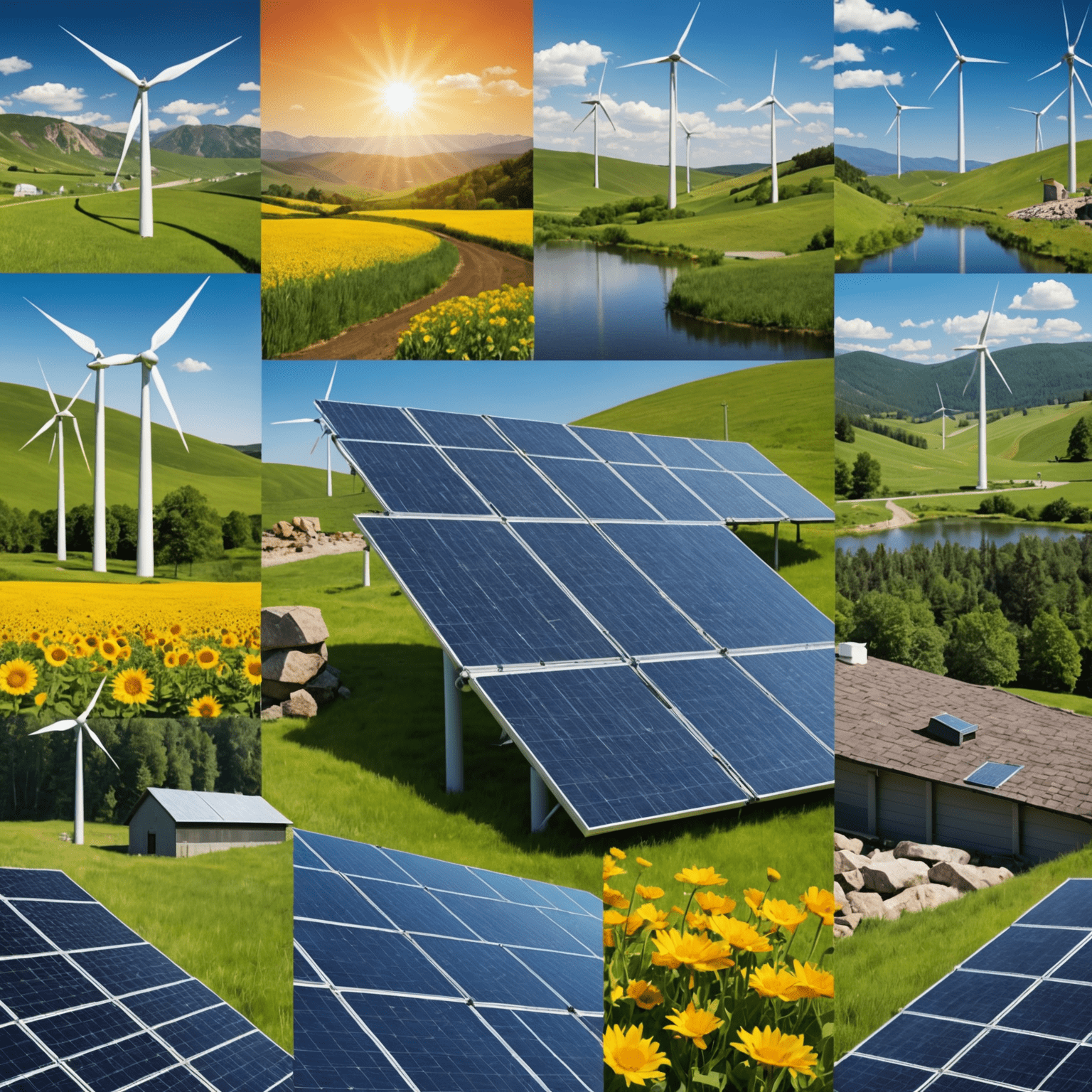 A collage of renewable energy sources, including solar panels, wind turbines, and hydroelectric dams